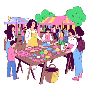 An artist with shoulder-length curly hair is standing behind a wooden table filled with various handmade crafts. The table showcases colorful pottery, woven baskets, and handmade jewelry, all arranged neatly. The artist is wearing a bright apron covered in paint splatters. Surrounding the table, there are shoppers of different ages interacting, with some examining the crafts while others are chatting. In the background, colorful market tents are set up, and vibrant greenery adds to the lively atmosphere of the outdoor market.