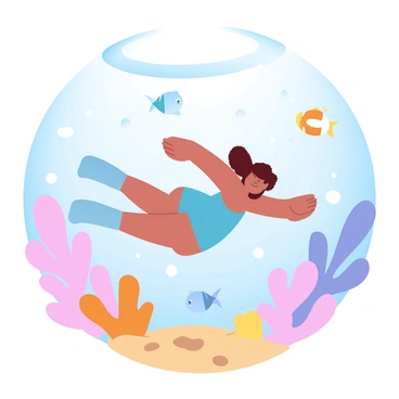A small figure resembling Polly Pocket is swimming in an underwater world surrounded by vibrant coral reefs. The coral structures showcase a variety of shapes and are painted in bright shades of pink, orange, and yellow. Colorful fish, including blue tangs and clownfish, swim around her, creating a lively scene. Sunlight filters through the surface of the water, casting shimmering patterns on the sand below. Bubbles rise from the figure as she explores the rich aquatic environment, emphasizing the playful nature of the underwater adventure.