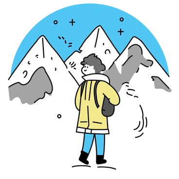 A lone traveler is standing on a snow-covered peak of a majestic mountain range. The traveler, dressed in a thick parka and snow boots, is facing the swirling winds that carry snowflakes around him. His backpack is secured tightly, and his breath creates a visible mist in the cold air. The mountains surrounding him are tall and rugged, with patches of rocky outcrops peeking through the white snow, and a bright blue sky is visible above, creating a stark contrast with the snowy landscape.