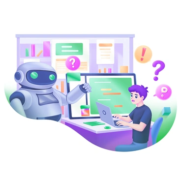 A modern pastel illustration depicting an AI assistant in the form of a sleek, friendly robot with a glowing screen display. The robot is positioned beside a confused programmer, who has a furrowed brow and is sitting at a desk cluttered with code snippets and a laptop. The screen of the robot shows a code block with highlighted lines, each accompanied by brief explanations in speech bubbles. Various symbols, such as question marks and exclamation points, float around the programmer to emphasize their confusion. The background features a softly colored workspace with shelves filled with books and programming-related posters.