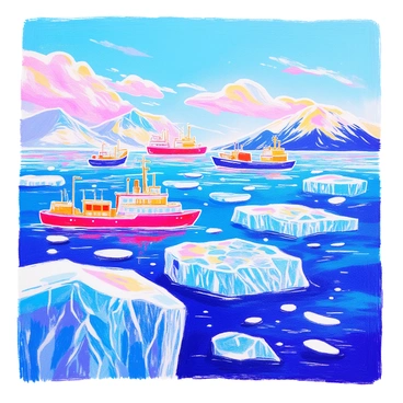 An ocean scene depicts a frozen surface, capturing the moment of waves detailed with intricate ice patterns. The crystalline ice glimmers in the sunlight, reflecting shades of blue and white. Beneath the clear ice, several ships are partially submerged, their hulls visible through the frozen layer, creating a contrast against the icy backdrop. The sky above is a bright blue with a few wispy clouds, and the whole composition conveys a stillness that emphasizes the unusual sight of an ocean locked in ice.