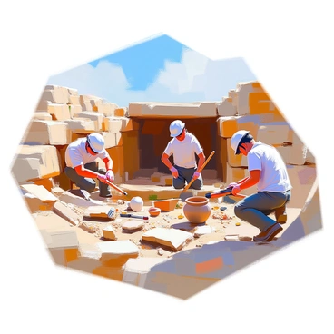 An archaeological dig site revealing the exposed foundations of an ancient temple partially covered in earth. The structure showcases large, weathered stone blocks, some of which are cracked and moss-covered. Around the site, a variety of digging tools such as brushes, trowels, and shovels lie scattered. Excavators, wearing protective gear, are actively engaged in carefully uncovering the remnants of the temple's walls and columns. In the background, a clear blue sky contrasts with the earthy tones of the soil and stones, while scattered artifacts, such as pottery shards and small sculptures, hint at the temple's historical significance.