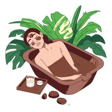 A person is reclining in a mud bath filled with rich, dark mud, their face is covered in a light layer of the same mud. The person has closed eyes, wearing a relaxed expression. Surrounding the bath, there are various lush green plants and tropical leaves, providing a vibrant backdrop. Sunlight filters through the leaves, casting soft shadows around the scene. A small wooden tray next to the bath holds a few stones and a fragrant candle.