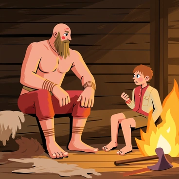 Kratos sitting on a wooden log beside a crackling fire in a cozy cabin. He is depicted as a muscular figure with a distinctive red tattoo on his face. Atreus, a young boy with short brown hair, is sitting across from him, listening intently. The fire casts warm light, illuminating their faces and creating shadows on the rustic wooden walls of the cabin. A few animal skins are spread out on the ground, and an axe rests nearby, hinting at their adventures. The atmosphere conveys a sense of warmth and familial bond as they share stories together.