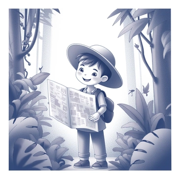 A young explorer is standing in a dense jungle filled with various types of foliage and trees. The explorer has a bright smile and is holding a map in front of them, but it is upside-down. The explorer is wearing a safari hat and a backpack, and their clothing is suitable for outdoor exploration. Surrounding them are large green leaves and vines that create a lush backdrop. There are hints of wildlife subtly integrated into the scene, such as birds perched on branches and insects among the plants. The explorer's expression conveys a sense of wonder and curiosity.