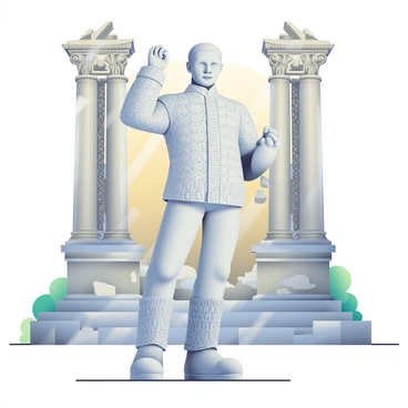 A living statue performer with pale skin is standing still, perfectly mimicking the texture and color of the ancient stone monument behind him. He is dressed in a detailed, sculpted costume that resembles the weathered stone, with intricate designs echoing the monument's carvings. His pose is one of elegance, with one arm raised as if frozen in time, and his expression is serene and contemplative. The ancient monument features crumbling pillars and ornate friezes in shades of gray and beige, creating a striking contrast with the performer’s lifelike appearance. Soft light filters through the surrounding trees, casting gentle shadows on the ground.