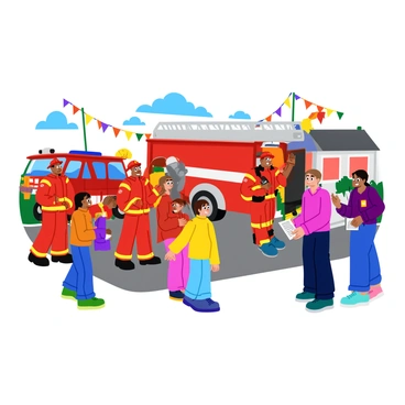 A group of firefighters in bright red uniforms is interacting with local residents at a community open house. Some firefighters are demonstrating equipment, such as a shiny fire hose and a large fire truck parked nearby. Children are gathered around, excitedly asking questions and admiring the firefighters' gear. A few adults are engaged in conversation, holding informational brochures. Colorful decorations and banners are displayed around the area, adding a festive atmosphere to the event.