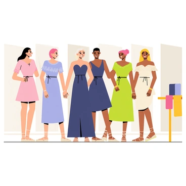 A group of five bridesmaids is standing in a bright, spacious fitting room. Each bridesmaid is wearing a different style of dress. The first bridesmaid has on a short, light pink dress with a flared skirt and a sweetheart neckline. The second bridesmaid is in a long, flowing lavender gown with lace detailing on the sleeves. The third bridesmaid is showcasing a classic navy blue dress with a fitted bodice and a knee-length hem. The fourth bridesmaid stands in a vibrant emerald green dress with an off-the-shoulder design. The fifth bridesmaid is wearing a pale yellow dress with a bohemian style, featuring ruffles and a cinched waist. The fitting room has mirrors reflecting the bridesmaids, and fabric swatches in various colors are spread out on a nearby table. Each bridesmaid is smiling and discussing their outfits with excitement.