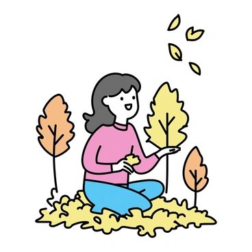 A girl, with long brown hair, is sitting in a pile of autumn leaves. She is wearing a cozy red sweater and blue jeans. The leaves surrounding her are a mix of vibrant orange and yellow hues. In the background, there are several trees displaying warm shades of orange and yellow, their branches slightly swaying in the breeze. The scene captures the joyful moment of her playing and tossing leaves into the air.