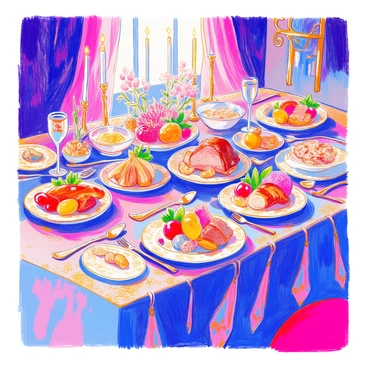 A lavish banquet table is set with an ornate tablecloth that drapes elegantly to the floor. The table is filled with an assortment of gourmet dishes, including succulent roasted meats, colorful vegetables arranged artfully, and elegant seafood platters. Fine china plates with intricate gold patterns are placed at each setting, accompanied by sparkling crystal glasses. Silver cutlery shines beside each plate, and decorative centerpieces of fresh flowers are arranged in the middle of the table. Candles flicker softly, casting a warm glow over the feast.