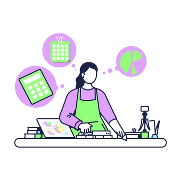 An artist is sitting at a wooden desk, surrounded by various art supplies. She has long hair tied back and wears an apron over her clothes. In front of her, there is a sketchbook open with colorful drawings. Above her head, there are several thought bubbles. In the first thought bubble, there is a calculator with buttons clearly visible. In the second thought bubble, there is a notebook with a pen resting on top, and in the third thought bubble, there is a pie chart with different sections representing various budget categories. The thought bubbles are drawn with green outlines and purple fill.