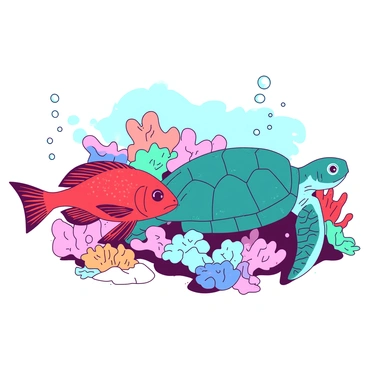 A red snapper is swimming alongside a teal sea turtle in a vibrant underwater scene. The snapper has bright red scales that shimmer in the light filtering through the water, while the turtle's textured shell showcases an array of teal and blue patterns. Surrounding them, there are colorful corals in various shades of pink and orange, providing a lively backdrop to their interaction. The snapper appears curiously swimming close to the turtle, which seems to be gracefully gliding through the water. Bubbles are rising around them, adding to the whimsy of the moment.