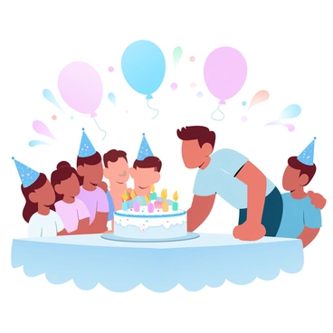 A boy is leaning forward to blow out the candles on a large birthday cake, which is adorned with colorful frosting and decorative sprinkles. He is surrounded by several friends who are eagerly watching him, each sporting cheerful party hats. Brightly colored balloons in various shapes and sizes float above them, adding a festive atmosphere. A table covered with a colorful tablecloth holds the cake, and there are party decorations in the background. The scene is filled with a sense of celebration and joy.