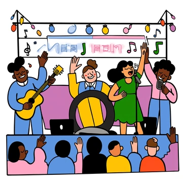A colorful scene depicting a lively concert atmosphere. A diverse group of musicians, including a man with curly hair playing an acoustic guitar, and a woman with long flowing hair singing passionately into a microphone. The stage is filled with bright lights in various shades of blue, pink, and yellow casting vibrant hues on the performers. The audience is shown enjoying the performance, with hands raised and faces filled with excitement. Banners with musical notes and symbols are visible in the background, adding to the festive ambiance.