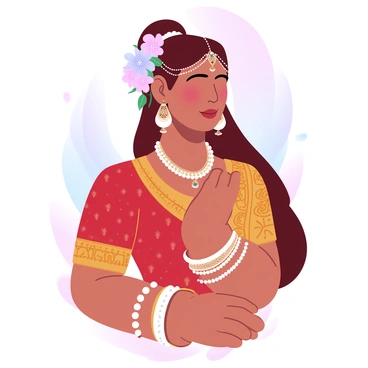 A portrait of an Indian bride showcasing traditional attire and intricate jewelry. The bride is adorned with a vibrant red and gold lehenga, featuring detailed embroidery. Her hair is elegantly styled and decorated with fresh flowers and jeweled hairpieces. She wears multiple bangles on her wrists and large earrings that cascade down. An ornate maang tikka rests on her forehead. In the background, there are soft swirls of gradient pastel colors that enhance the beauty of her attire and accessories.