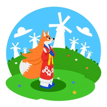 A character with fox-like features, "Ahri," stands confidently on a green hill. She has long, flowing hair and nine fluffy tails that sway gently in the breeze. In the background, several white windmills turn slowly, their blades catching the sunlight. The sky is clear blue with a few fluffy white clouds scattered across. The grass on the hill is vibrant and lush, dotted with small colorful flowers. Ahri's outfit is detailed, showcasing ornate patterns, and she gazes into the distance with a playful expression.
