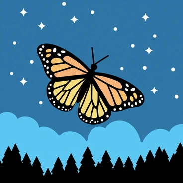 A monarch butterfly with orange and black patterned wings, gracefully soaring through the night. The sky is filled with numerous bright stars, twinkling against a deep blue backdrop. Below, soft silhouettes of distant trees are visible, adding contrast to the vibrant butterfly as it navigates the serene night air.