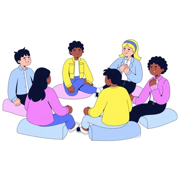 A group of students sitting in a circle on soft, colorful cushions. Each student has a calm expression on their face, indicating their focus on mindfulness. The cushions are in various pastel colors, such as light blue, soft pink, and pale yellow. Some students have their hands resting on their knees, while others have their hands gently placed in their laps. The setting is simple and uncluttered, emphasizing the peaceful practice they are engaged in.