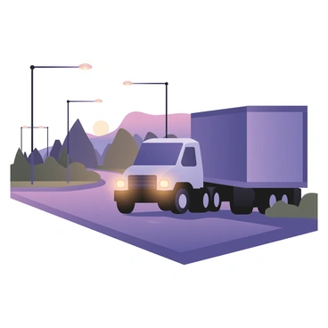 A transport truck is parked on the side of a quiet evening road. The truck has a large, shiny blue trailer and a white cab with bright headlights turned on, casting a warm glow. The streetlights lining the road illuminate the scene, creating pools of light on the pavement. Surrounding the truck, there are a few distant trees silhouetted against the darkening sky, and a faint outline of a sunset can be seen. The road is empty, with a smooth surface reflecting the light from the streetlights.