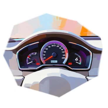 A close-up view of a car's dashboard prominently displaying an empty fuel gauge. The dashboard features a sleek design with black and silver elements. The fuel gauge is located at the center, with the needle pointing to the "E" mark, indicating it is empty. Surrounding the gauge, there are various other dials and indicators, including a speedometer and a temperature gauge, all detailed with clear markings and illuminated lights. The texture of the dashboard is smooth, with reflections highlighting its modern finish.