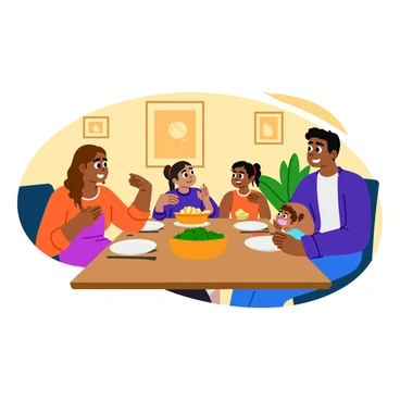 A family of four is sitting around a wooden dining table. The table is set with simple plates and glasses, with an inviting spread of food, including a salad and bread basket at the center. The family members include a mother with shoulder-length brown hair, a father with short black hair, a teenage daughter with pigtails, and a young son with curly hair. Each family member is engaged in conversation, expressing concern and thoughtfulness on their faces. The mother is gesturing with her hands as she speaks, while the father leans slightly forward, listening intently. The children look attentive, with the daughter taking notes on a small notepad, and the son looking up with curiosity. Behind them, there are warm-colored walls adorned with family photos, adding to the homey atmosphere.