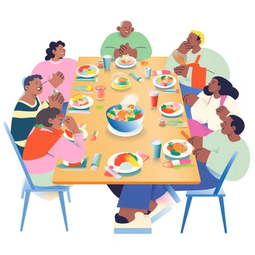 A large wooden table is filled with an array of dishes from around the world. There are colorful plates featuring sushi, tacos, pasta, and curry. In the center, a large bowl of fresh salad is surrounded by smaller bowls of sauces. A group of diverse people of varying ethnicities is gathered around the table, each engaged in conversation and enjoying the food. One person, with curly hair, is reaching for a piece of bread, while another, with straight black hair, is serving rice onto their plate. The table is adorned with vibrant napkins and an assortment of drinks in colorful glasses. Laughter and cheerful expressions fill the scene.