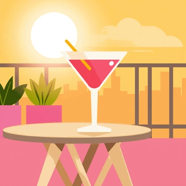 A negroni cocktail placed on a small wooden table on a terrace. The glass is filled with a rich red liquid and garnished with a twist of orange peel. The setting sun casts golden light, causing the cocktail to glow warmly. In the background, there are soft silhouettes of potted plants and a railing, enhancing the terrace atmosphere. The sky is painted in shades of orange and pink, adding to the evening ambiance.