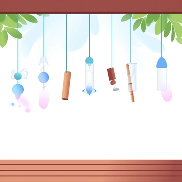 A series of colorful wind chimes hanging from a wooden porch. Each wind chime is made from different materials including glass, metal, and bamboo. A gentle breeze is moving through the scene, causing the wind chimes to sway and create soft sounds. Sunlight filters through the leaves of nearby trees, creating dappled patterns on the wooden surface below. The wind chimes, in various lengths and shapes, catch the light and reflect shimmering colors.
