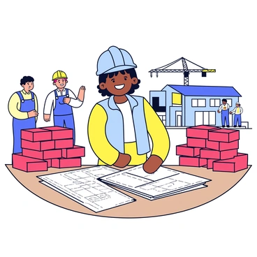 A young girl with a bright smile stands at a construction site of a new school. She is wearing a hard hat and a light blue vest. Surrounding her are stacks of red bricks neatly arranged, and several blueprints are spread out on a nearby wooden table. The blueprints show the layout of the school, with clear lines and labels. In the background, construction workers are seen discussing the project, and a crane is lifting materials. The scene conveys a sense of progress and hope for the future.