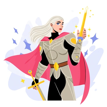 A dynamic portrait of a main character from a fantasy novel. The character has long flowing silver hair that cascades down their shoulders. They are wearing a detailed armor adorned with intricate patterns and gemstones that catch the light. The character's piercing blue eyes look determined and focused. A flowing cape billows behind them, showcasing a deep red color. In one hand, they hold a glowing sword with a jeweled hilt, and the other hand is raised as if casting a spell. The background features abstract shapes representing magical elements.
