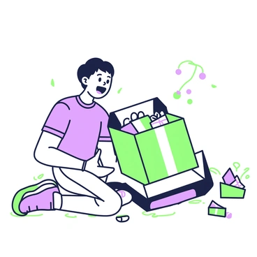 A person is kneeling on the ground, eagerly opening a large box adorned with colorful wrapping. The box is positioned in front of them and is partially opened, revealing bright, wrapped gifts peeking out from within. The person has an excited expression, with their eyes wide and mouth open in delight. They are wearing a casual t-shirt and jeans. Surrounding the box, there are a few scattered small gifts that have already been unwrapped. The background includes a soft floor mat and a hint of festive decorations, enhancing the atmosphere of surprise and celebration.