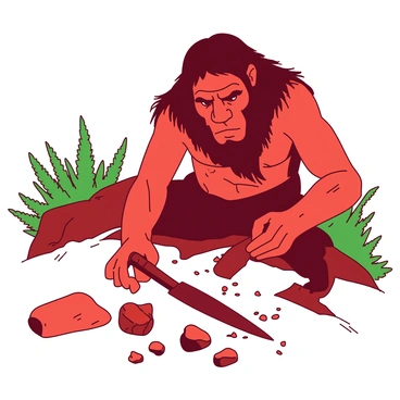 A red Neanderthal displays intense focus as he carefully shapes a rough stone into a sharp tool. He is seated on a rocky surface, with a collection of various stones scattered around him. The Neanderthal's brow is furrowed in concentration, and his hands are steady as he strikes the stone with a smaller tool, sending tiny fragments flying. In the background, there are hints of a lush green environment, with ferns and trees softly blurred, allowing the viewer to focus on the Neanderthal's craftsmanship.