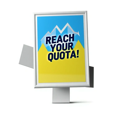 A motivational poster displayed prominently in an office setting. The poster features a bold, modern design with the phrase "Reach Your Quota!" in large, assertive font at the center. The background includes a dynamic gradient of vibrant colors, transitioning from blue at the top to a bright yellow at the bottom. There are subtle graphics of ascending arrows and bar charts in the background to symbolize growth and progress. The overall composition is clean and professional, making it an eye-catching focal point in the workspace.