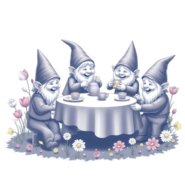 A group of garden gnomes is sitting at a small round table set for tea. There are five gnomes, each with distinctive hats and outfits, engaged in animated conversation. One gnome is pouring tea from a teapot into a cup, while another is reaching for a plate of small pastries. The table is covered with a floral tablecloth, and it has a variety of teacups arranged around it. Surrounding the table are colorful flowers in full bloom, including daisies and tulips, creating a vibrant scene of nature. The gnomes have cheerful expressions, and the setting is filled with greenery, enhancing the lively atmosphere.