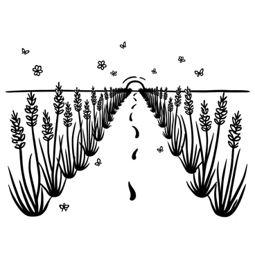 Rows of "fragrant lavender" plants extending into the distance, with neat and uniform lines. Each plant is depicted with tall, slender stems topped with clusters of "lavender flowers." The scene includes a dirt path winding through the rows, leading towards a horizon that appears to meet a "clear sky." Small details, such as "butterflies" fluttering above the flowers and "bees" hovering nearby, add life to the composition.