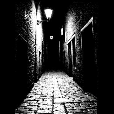 A narrow alleyway is lined with cobblestone stones, creating a path that leads into darkness. Flickering street lamps cast uneven pools of light on the ground, illuminating patches while leaving others in shadow. The walls of the alley are tall and weathered, covered with rough textures and hints of age. Shadows are creeping in the corners, suggesting hidden figures or objects, adding an air of mystery to the scene. The atmosphere is tense, with the flickering lamps creating an unsettling play of light and dark.