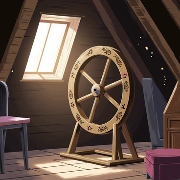 A mysterious old spinning wheel made of dark wood sits in the corner of an abandoned attic. The wheel is intricately carved with floral designs and has a slightly worn appearance. Dust motes float gracefully in the rays of sunlight streaming through a small, cobweb-covered window. The attic is filled with a faint haze, and old, forgotten furniture is scattered about, adding to the sense of neglect. Shadows play along the wooden beams of the ceiling, enhancing the atmosphere of mystery.