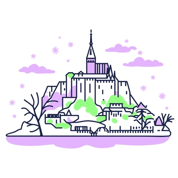 Mont Saint Michel is depicted in the image, showcasing its iconic medieval architecture with towers and spires. The entire structure is covered in a thick blanket of white snow, highlighting the intricate details of the stonework. In the foreground, the surrounding landscape is also snow-covered, featuring bare trees and a frozen shoreline. Soft snowflakes are gently falling from a cloud-filled sky. The scene captures a serene winter atmosphere, with the historical monument standing prominently against the snowy backdrop.