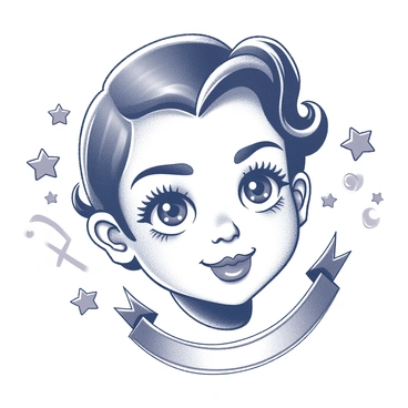 A face illustration is centered in the composition. The features of the face include bold, defined outlines that evoke a classic tattoo aesthetic. The eyes are wide and expressive, with strong eyebrows arching above them. A prominent nose leads down to a mouth with a slight smirk, showcasing a timeless charm. The hair is styled in a vintage manner, perhaps with curls or waves. Decorative elements such as banners or stars may be included around the face, enhancing the tattoo-like quality of the design.