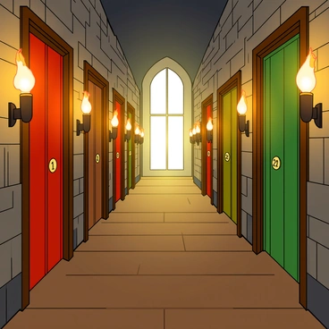A castle corridor lined with doors, each marked with a day of the advent