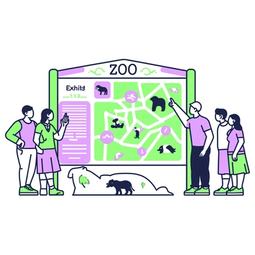An informative sign at the entrance of a zoo is prominently displayed. The sign features a detailed map of the zoo layout, showcasing various animal exhibits and pathways. The map includes icons representing different species, such as a lion, elephant, and penguin. Next to the map, there is a section listing exhibit details, with descriptions of each animal’s habitat and feeding times. The sign is framed in a sturdy green border, complemented by decorative purple elements. Visitors are gathered around, pointing at the map and discussing their plans for the day at the zoo. The setting is bustling with excitement and curiosity about the animals.