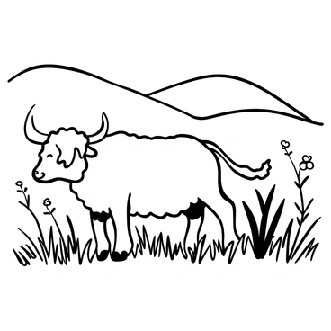 A shaggy highland cow with long horns stands grazing in a lush meadow. The cow's thick fur is textured and full, contrasting with the sharp outline of its horns. Surrounding the cow, the meadow is filled with tall grass and wildflowers, swaying gently. In the background, rolling hills rise majestically, creating an undulating landscape that stretches to the horizon. The sky above is clear, contributing to a peaceful and serene environment.