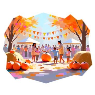 An autumn harvest festival scene filled with vibrant orange pumpkins of various sizes scattered throughout the area. There are several stacks of golden hay bales arranged in corners, serving as seating and decoration. Families with diverse backgrounds are gathered together, laughing and engaging in fun games. Children are playing a ring toss game with colorful rings, while others are enjoying a sack race, their faces filled with joy. In the background, a few festive banners are hanging, outlining the event, and the trees surrounding the festival are adorned with bright fall foliage, showcasing shades of red, orange, and yellow.
