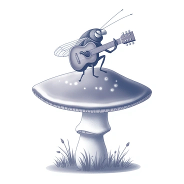 A cicada with detailed anatomical features is perched on a large mushroom. The cicada has its wings slightly spread, highlighting the intricate patterns. It holds a small guitar with its front legs, strumming the strings. The mushroom has a broad, rounded cap and a thick stem, set against a backdrop of grass and small plants, creating a natural environment. The scene conveys a sense of whimsy and harmony in nature.