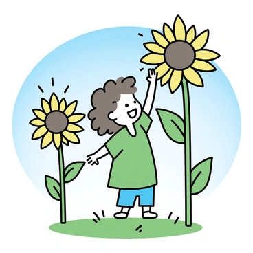 A playful hobbit with curly brown hair and wearing a green tunic stands amidst tall sunflowers, which tower over him. The sunflowers have large, bright yellow petals that catch the sunlight. The hobbit is reaching up with both hands to touch one of the petals, his face displaying a joyful expression. The scene is set on a grassy patch beneath a clear blue sky.