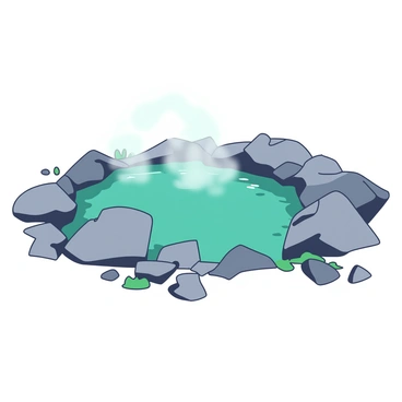 A teal rock pool is surrounded by various grey stones, with some patches of green moss along the edges. The surface of the water is smooth and reflects the surrounding landscape. Light mist is rising from the pool, creating a soft fog that lightly obscures the rocks. Soft, diffused light filters through the lingering fog, casting gentle shadows on the stones and illuminating the misty atmosphere. The overall scene conveys a tranquil morning setting.