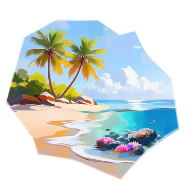 A tropical island’s shoreline features soft, golden sands meeting the gentle waves of the ocean. The clear water reveals vibrant coral reefs beneath the surface, showcasing a variety of colorful corals and small fish swimming among them. Lush green palm trees line the beach, swaying slightly in a light breeze. In the distance, a bright blue sky is dotted with a few fluffy white clouds, adding to the idyllic setting. The sunlight sparkles on the water, highlighting the beauty of the underwater scene.