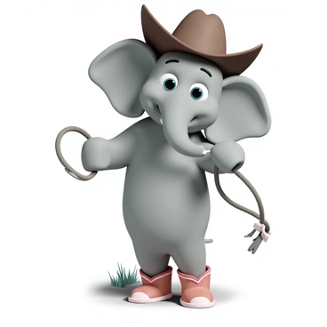 A cartoon elephant with grey skin and large, floppy ears is standing on its hind legs. It is wearing a wide-brimmed brown cowboy hat atop its head, and its feet are adorned with shiny red cowboy boots. The elephant is holding a lasso in its trunk, which is coiled neatly but has a loose end that drapes down. Its eyes are wide and playful, and it has a big, cheerful smile on its face. The setting is outdoors, with a hint of grass and a blue sky in the background.