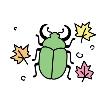 A green Hercules beetle with large, curved horns is positioned at the center of the image. The beetle's exoskeleton has a glossy sheen, reflecting light. Surrounding the beetle are various colorful autumn leaves in shades of red, orange, and yellow. The leaves are scattered in a natural arrangement, creating a contrast with the beetle’s vibrant color. The background is minimalistic, emphasizing the beetle and the leaves without additional distractions.