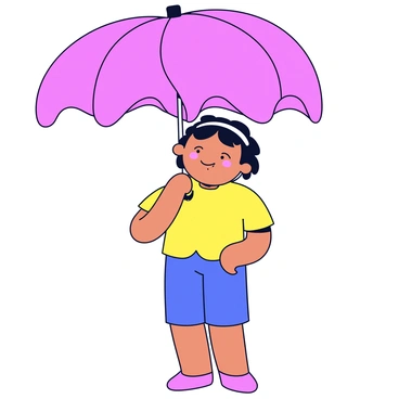 A character with a round face and big, expressive eyes is standing under a large flower petal that serves as an umbrella. The flower petal is vibrant pink with a smooth texture and delicate veining. The character is wearing a colorful outfit with a short-sleeved shirt and knee-length shorts. Their hair is styled in a playful manner, complementing the whimsy of the scene. The background is simple and minimalistic, emphasizing the character and the unique flower petal umbrella.